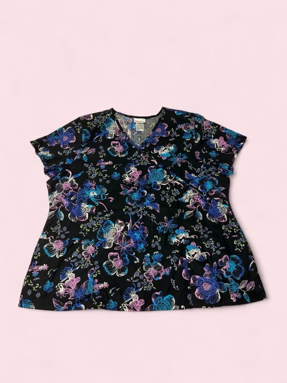 Scrubstar Black Floral V-Neck Top with Blue & Purple Accents